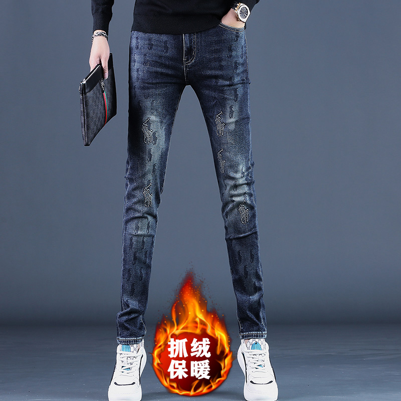 2025秋冬季印花刺绣加绒保暖男士牛仔裤男裤修身休闲小脚潮流裤子