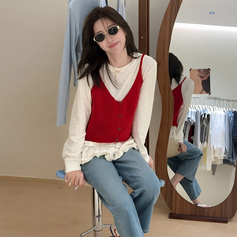 大码女装设计感v领针织吊带背心春季新款微胖mm宽松显瘦叠穿上衣