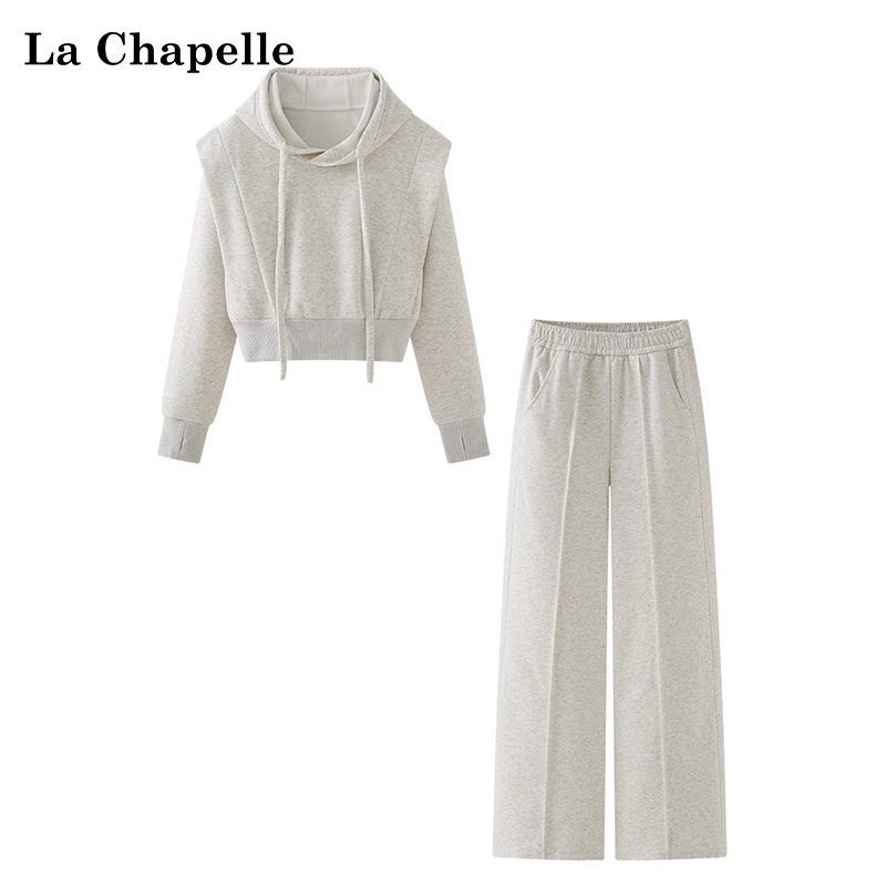 拉夏贝尔浅灰色宽松连帽抽绳收腰卫衣女休闲直筒长裤套装女秋时尚