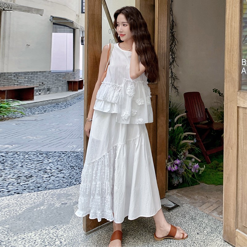 超仙立体花朵不规则背心套装裙女2025夏季设计感白色半身裙两件套