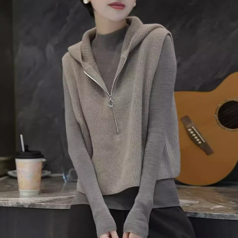 欧货高端纯色无袖针织马甲2025秋季新款连帽设计感叠穿马夹上衣女