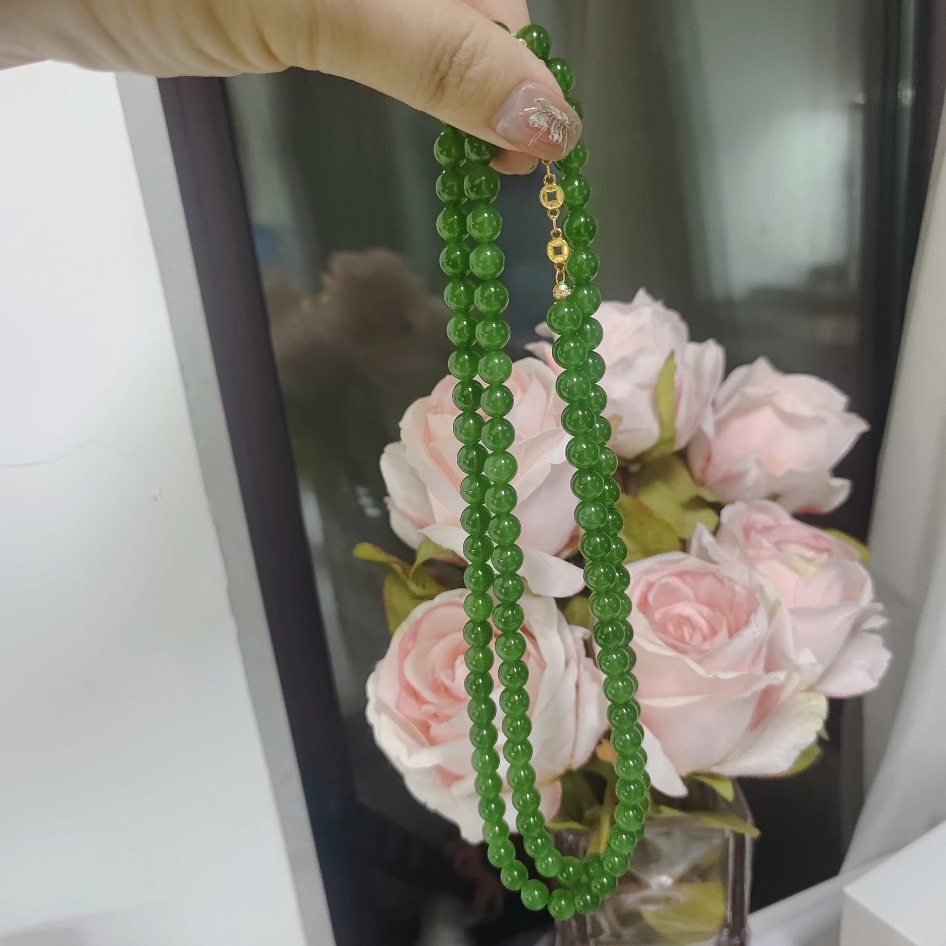 俄罗斯和田玉（碧玉）8mm108珠未镶嵌颈饰长链毛衣链无结构精品收藏