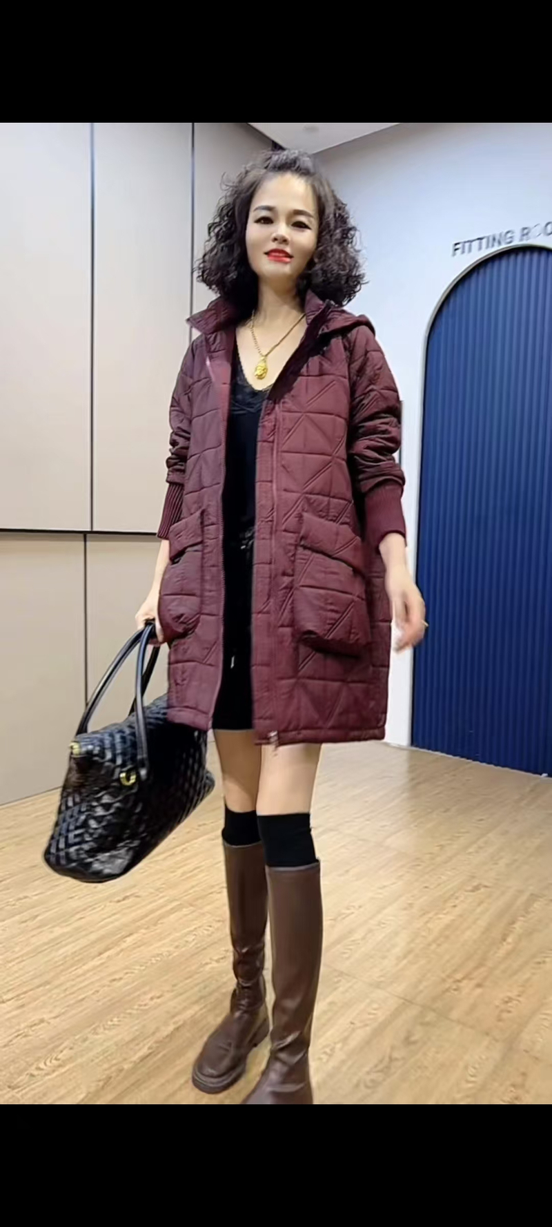 茧形菱形格连帽棉衣外套