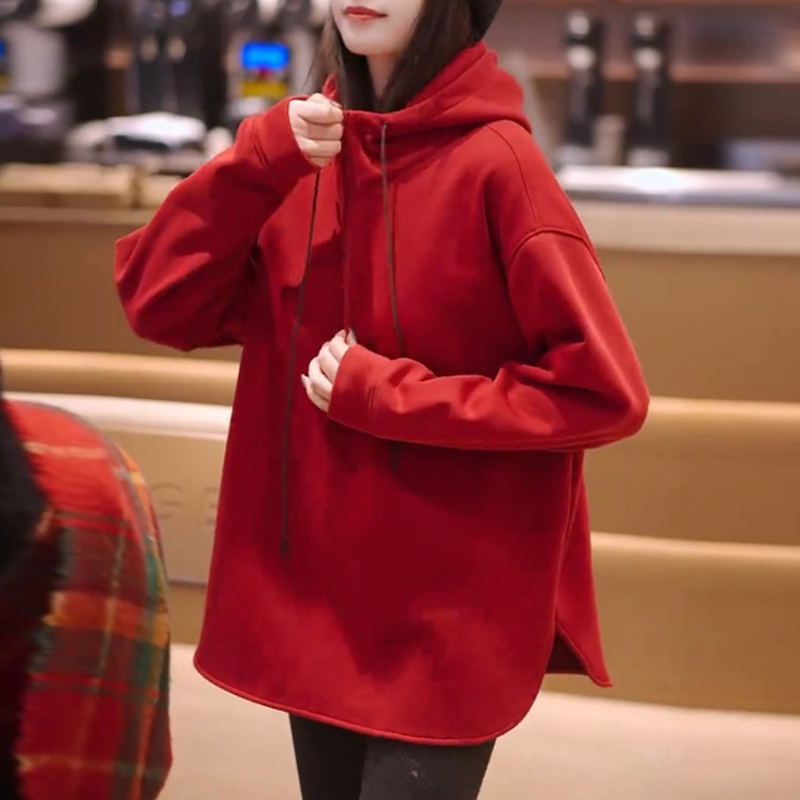 新年红色连帽卫衣女中长款加绒春秋2025新款宽松开叉设计长袖上衣
