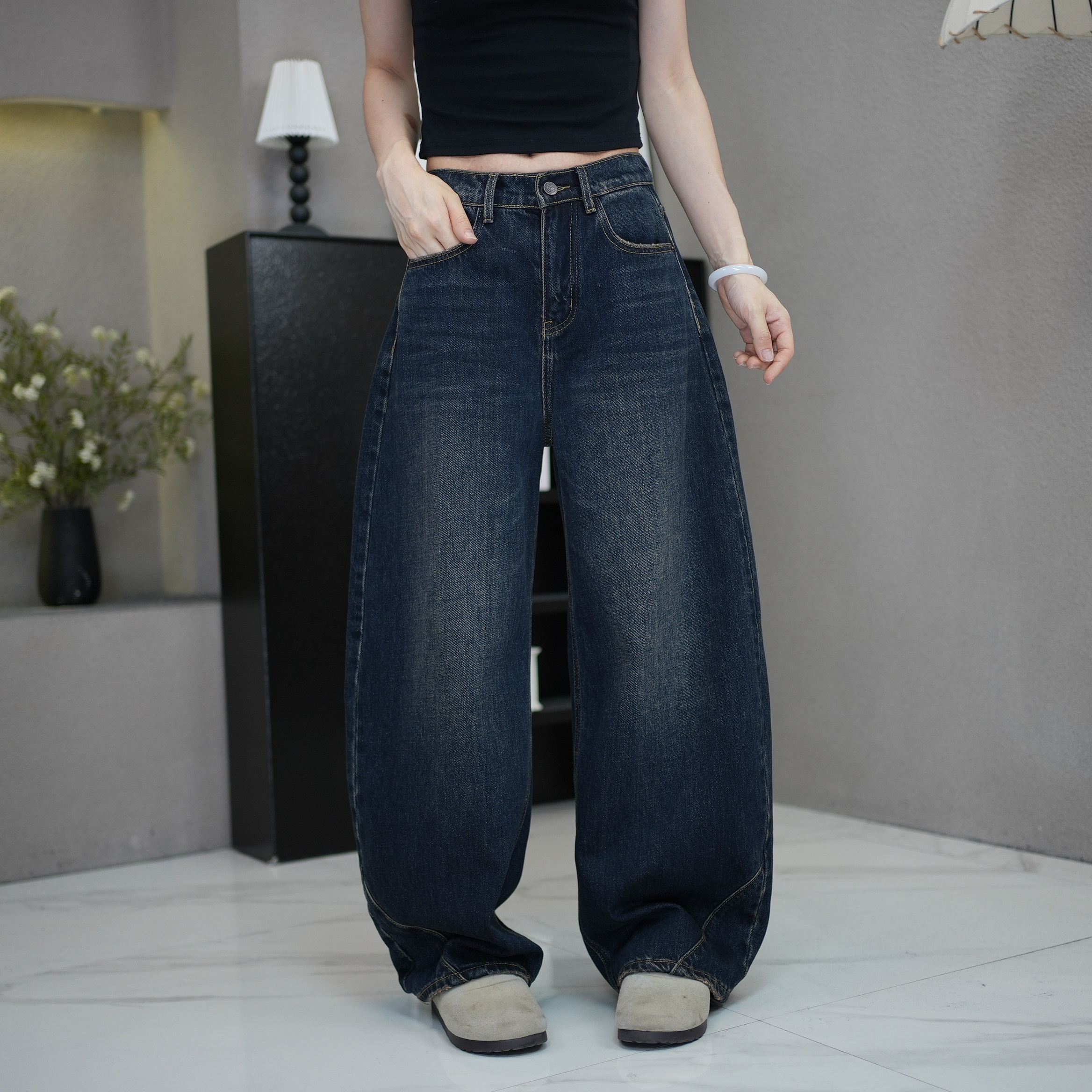 秋款阔腿裤弯刀裤拖地裤高腰显瘦66053百搭软牛仔裤女宽松女大码