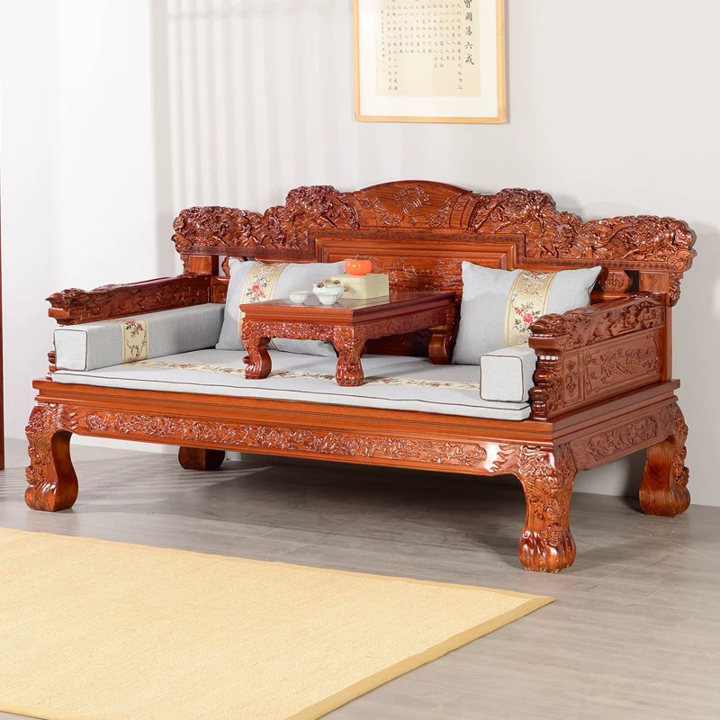 至尊麒麟罗汉床实木北方老榆木大款沙发床酒店仿古明清家具罗汉塌