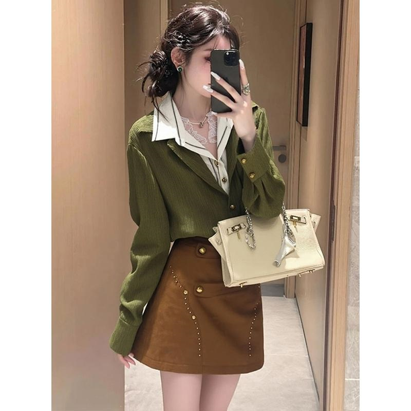 INS CEC秋套装新款韩系减龄穿搭一整套衬衫上衣钉珠半身裙两件套