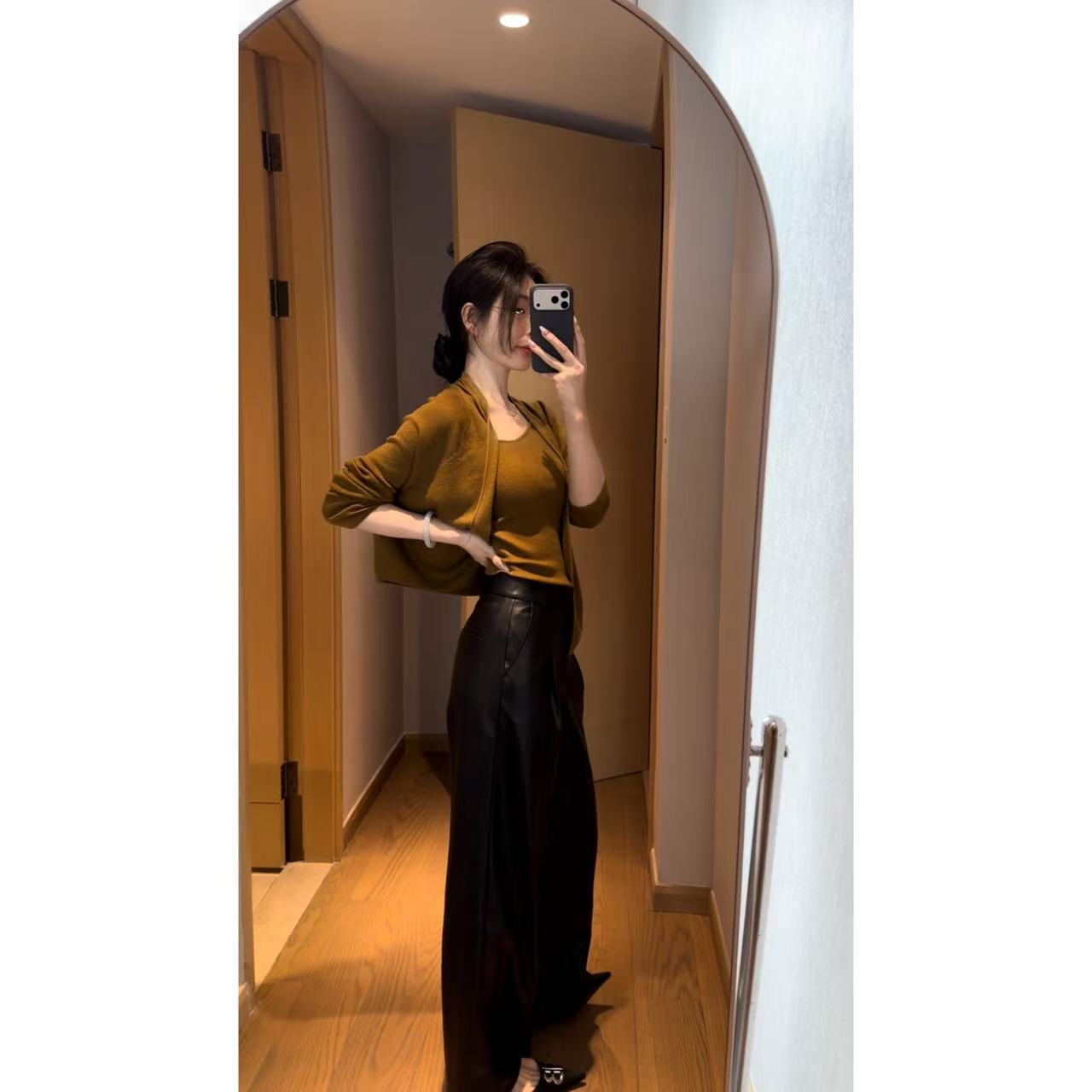 【软壳】老钱高腰PU蛋白阔腿裤长裤