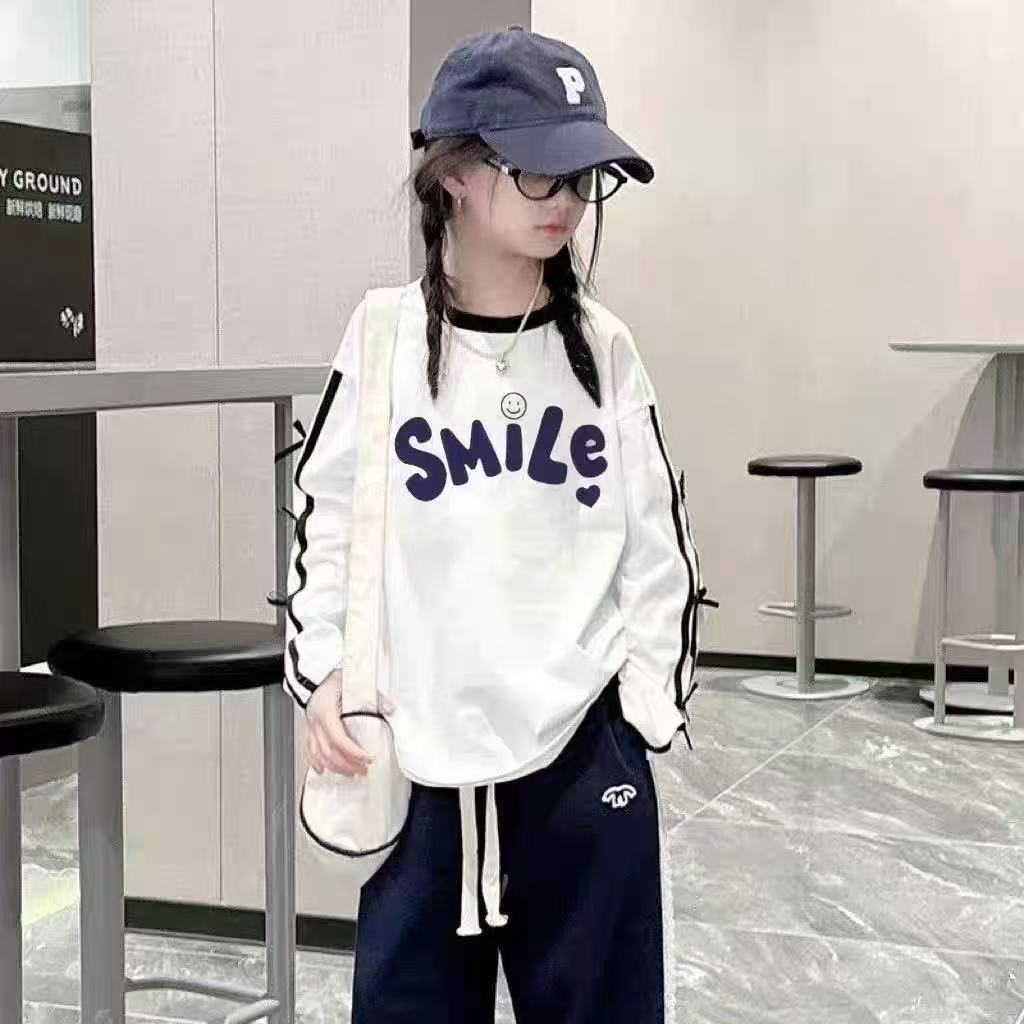 女童蝴蝶结纯棉长袖打底衫春秋薄款中大童条纹洋气女孩宽松上衣潮