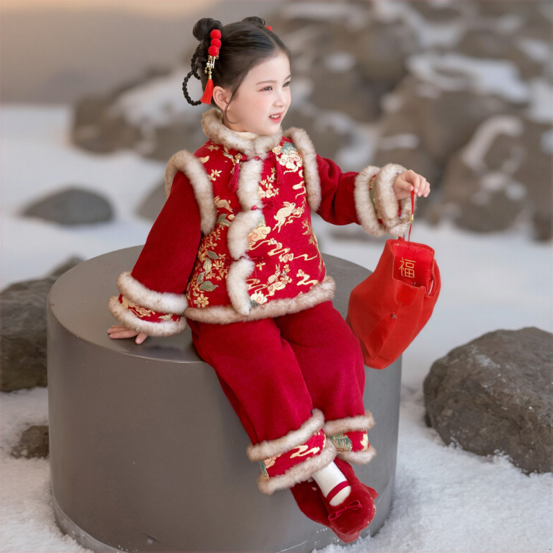 女童新中式毛条年服套装年冬季新款两件套网红拜年服童装