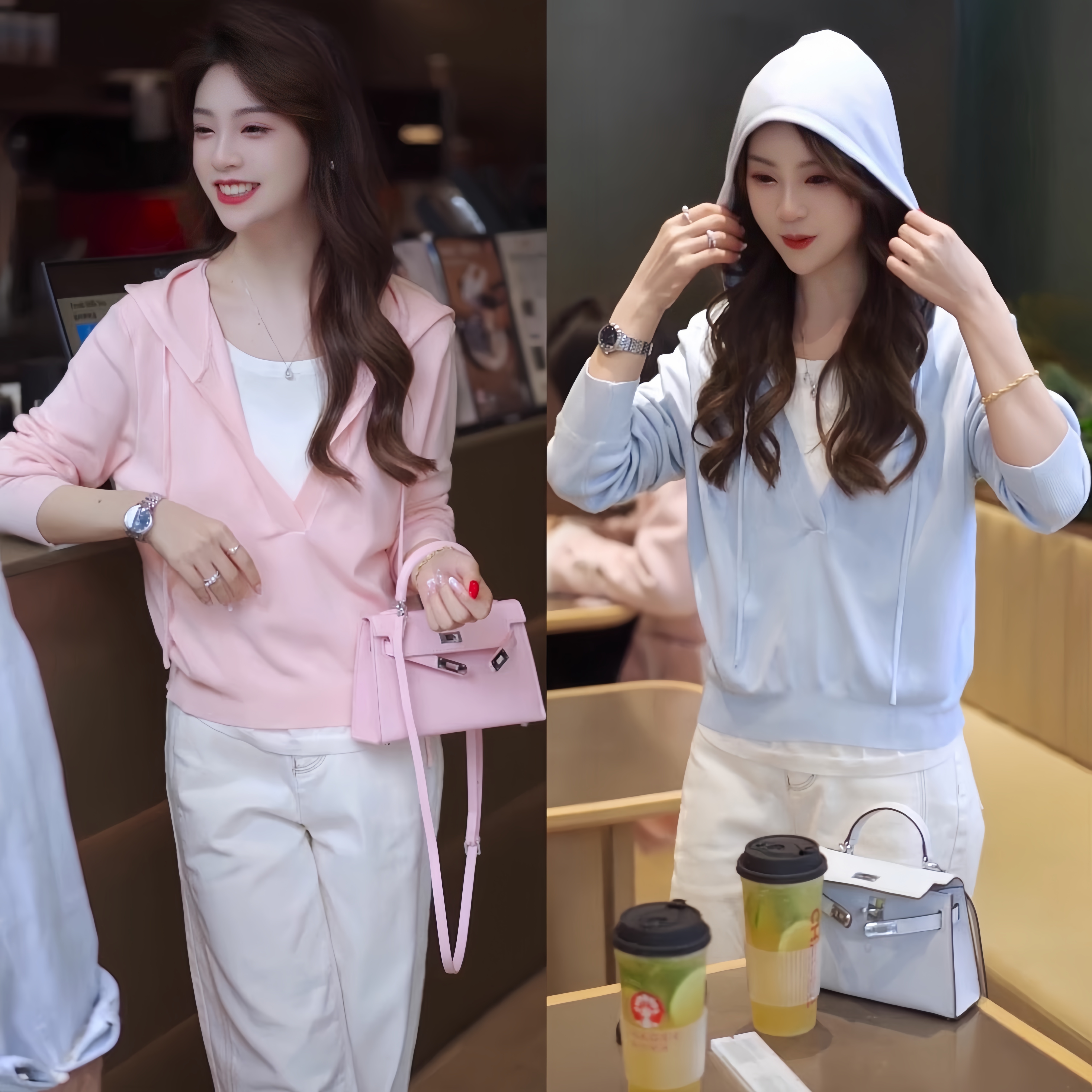 时尚休闲连帽假两显瘦件针织衫女春装新款撞色百搭长袖拼接上衣潮