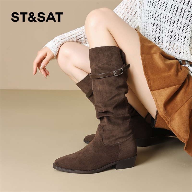 星期六堆堆靴女款2025年新款秋季粗跟中筒靴西部牛仔靴高跟长筒靴