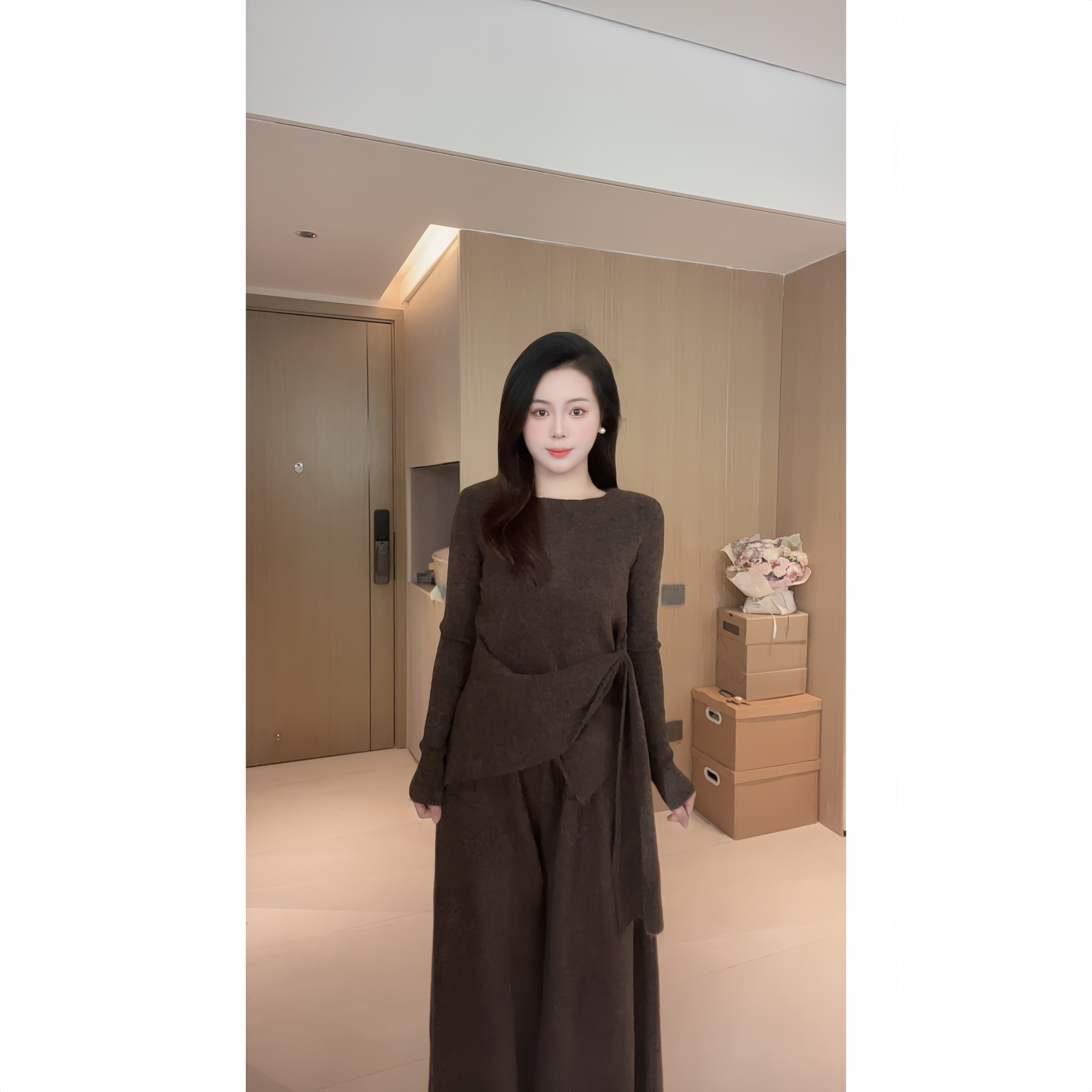 灰色设计感半高领收腰2套装025年秋冬气质简约