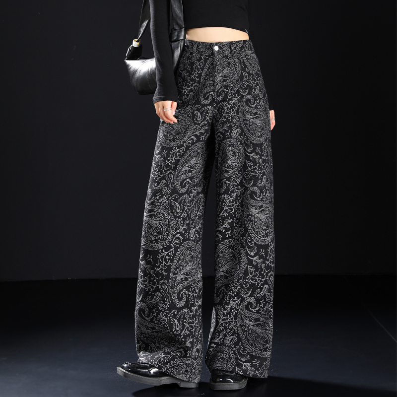 复古腰果花女士阔腿牛仔裤女2026炸街潮款直筒裤网红洋气炸街女装