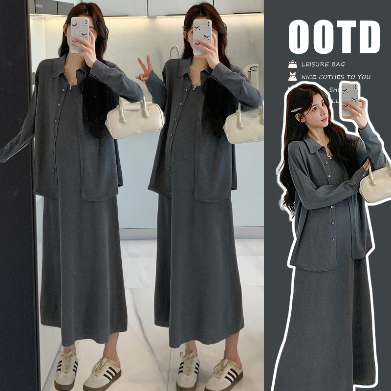 孕妇装2025新款秋冬慵懒风显瘦时尚针织长袖开衫背心裙孕妇两件套