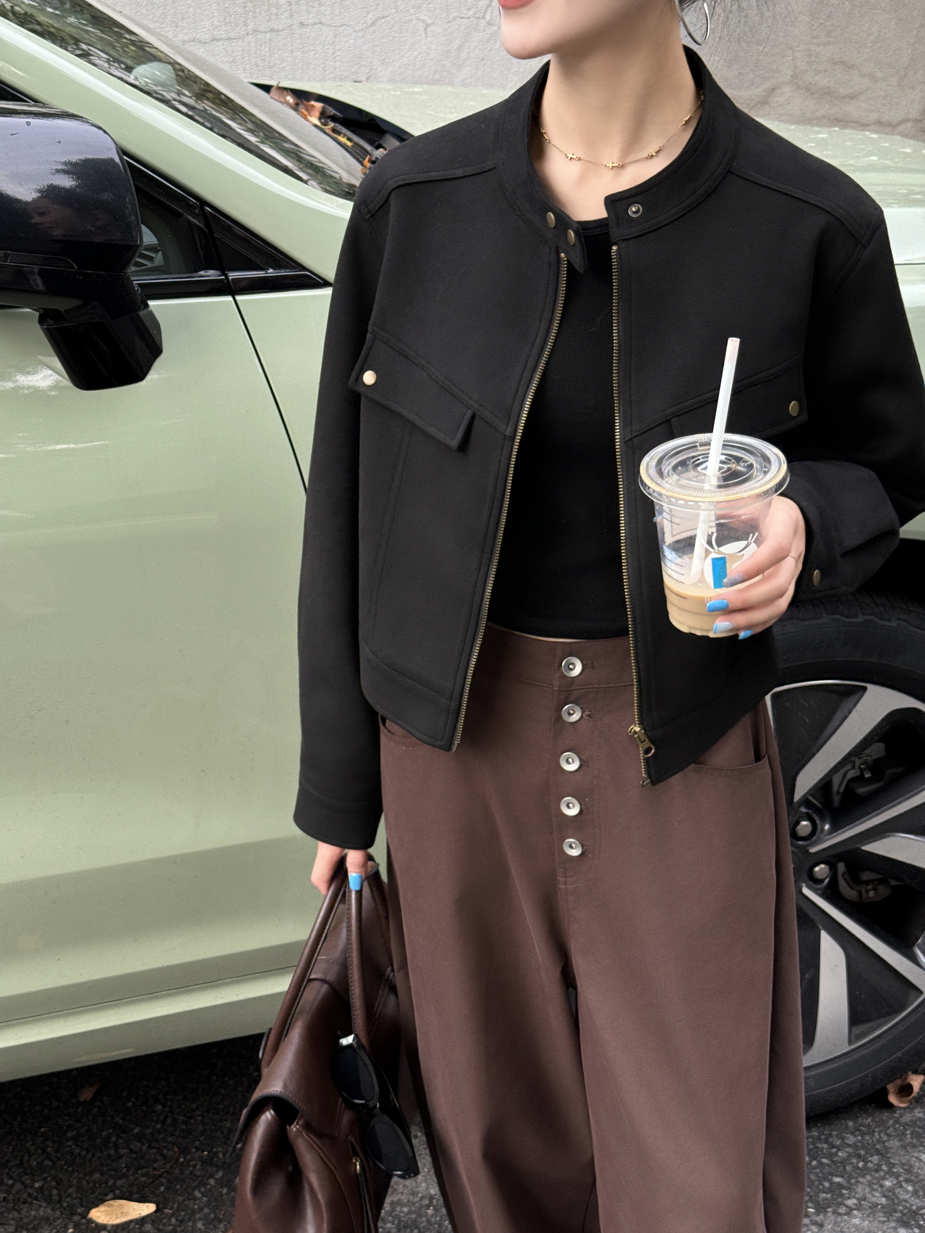 罗芬迪兰黑色牛皮绒外套女2025秋季韩系宽松休闲短款气质夹克上衣