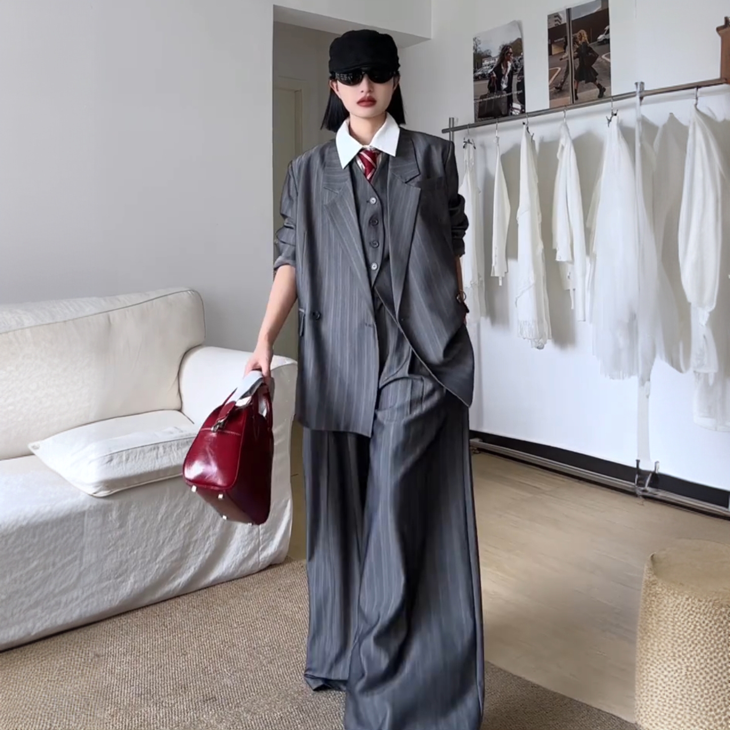 复古老钱风条纹西装套装女oversize廓形时尚西装外套阔腿裤两件套