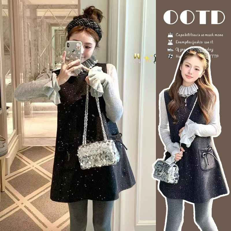 韩版亮片拼接蝴蝶结毛呢背心连衣裙百搭洋气花边打底衫孕妇两件套