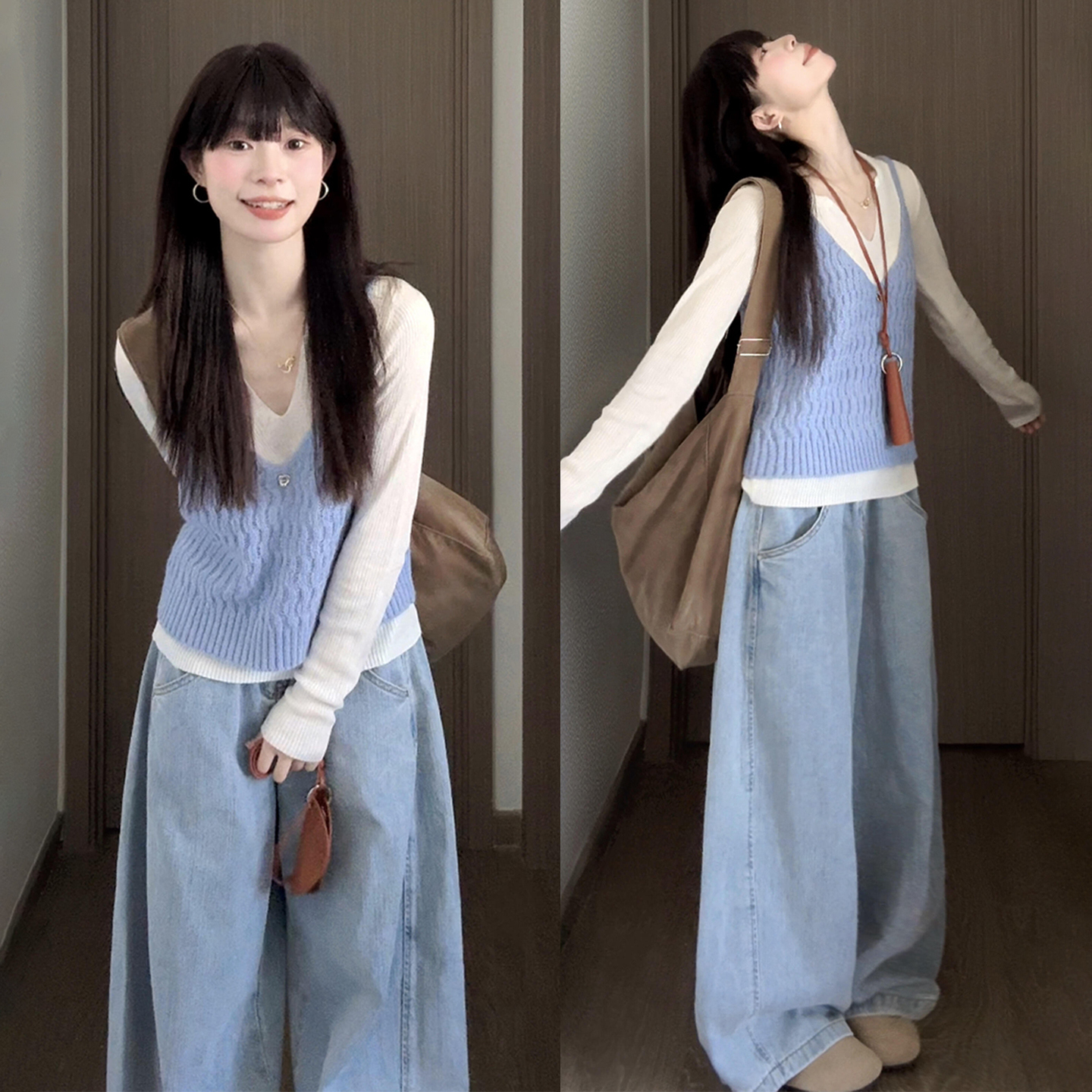 早秋韩系白色长袖t恤女2025新爆款巨好看设计感吊带上衣两件套装