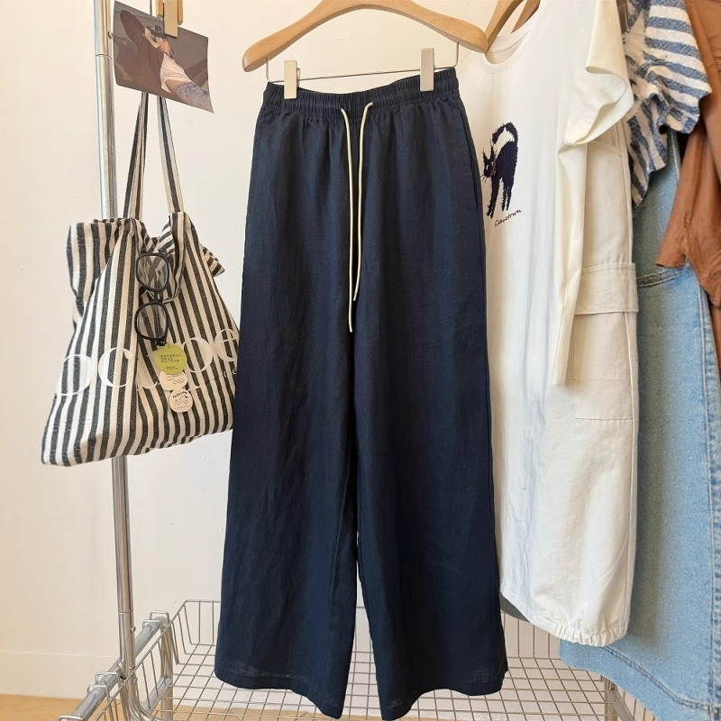 日系简约藏青色慵懒风亚麻休闲阔腿裤休闲裤女夏季梧桐裤直筒裤子