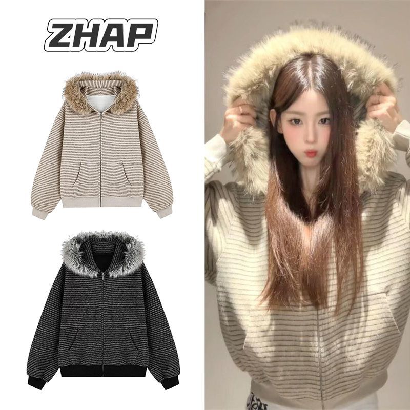 【ZHAP】毛领连帽条纹外套秋冬新款拉链卫衣慵懒风加绒宽松双11好物