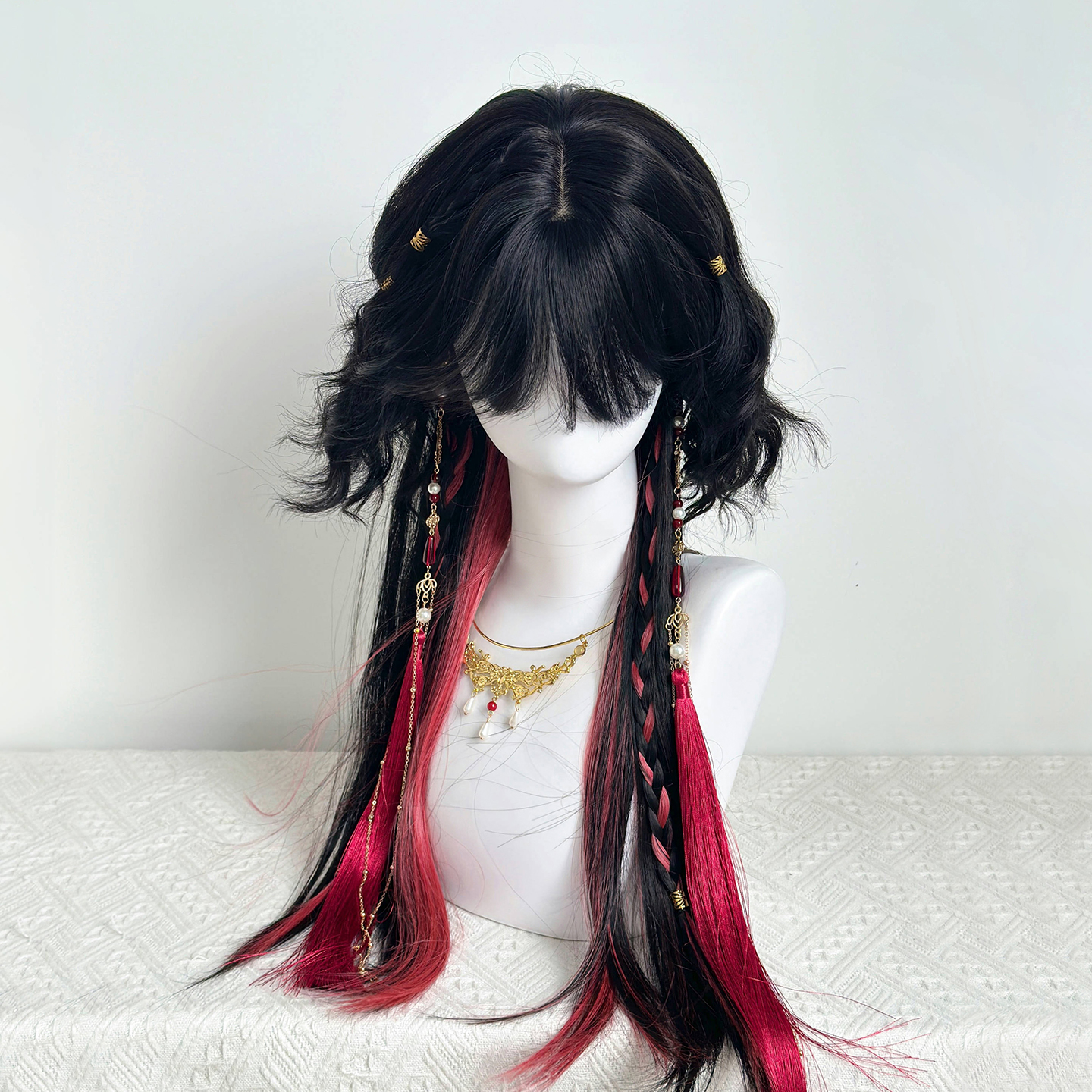 【赤缕】瓷系假发女长发国风少年感黑红挑染水母头cos万用全头套