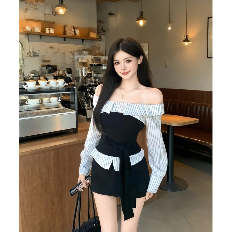 纯欲风早秋拼接设计感百搭条纹一字肩绑带上衣黑色半裙两件套装女