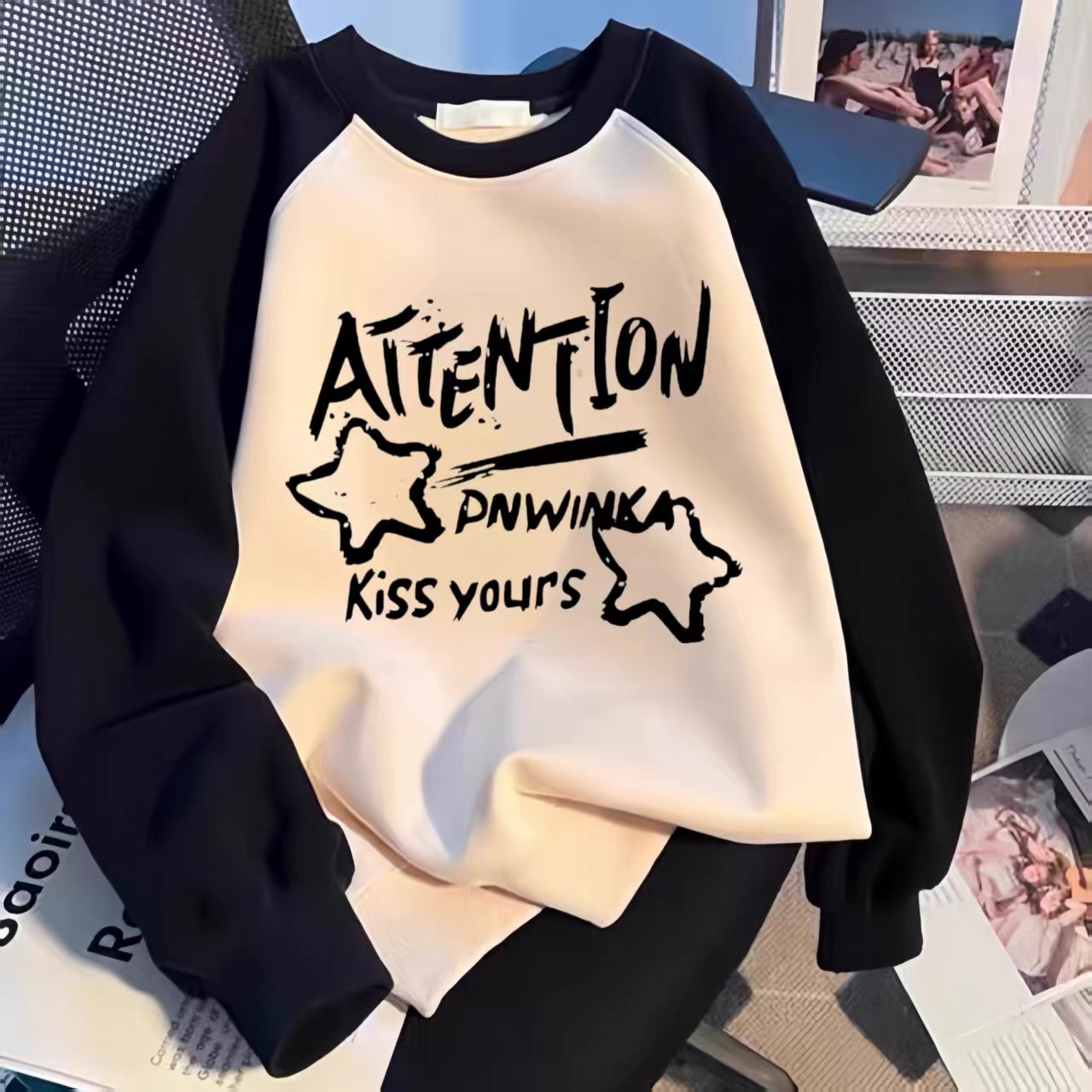 中大童装春秋冬季新款插肩撞色圆领卫衣无帽女童字母星星上衣