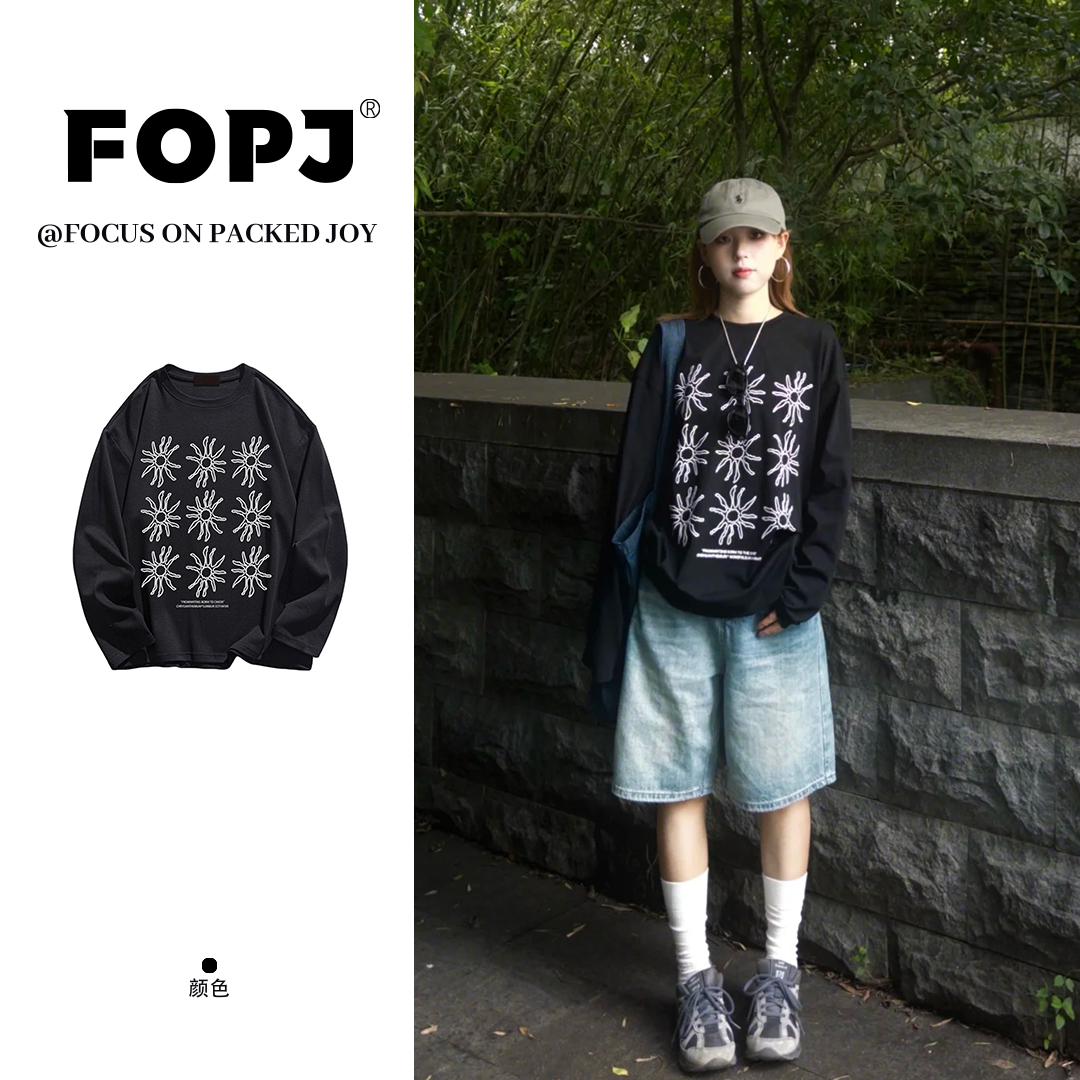 FOPJ春秋新款休闲风穿搭复古太阳花长袖T恤女设计感圆领打底上衣