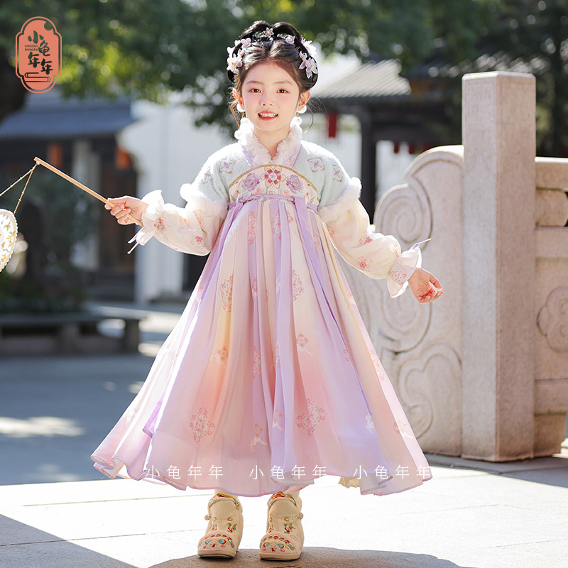 【紫芙】汉服女童秋冬加绒加厚裙子新款古装连衣裙中国风过年拜年服