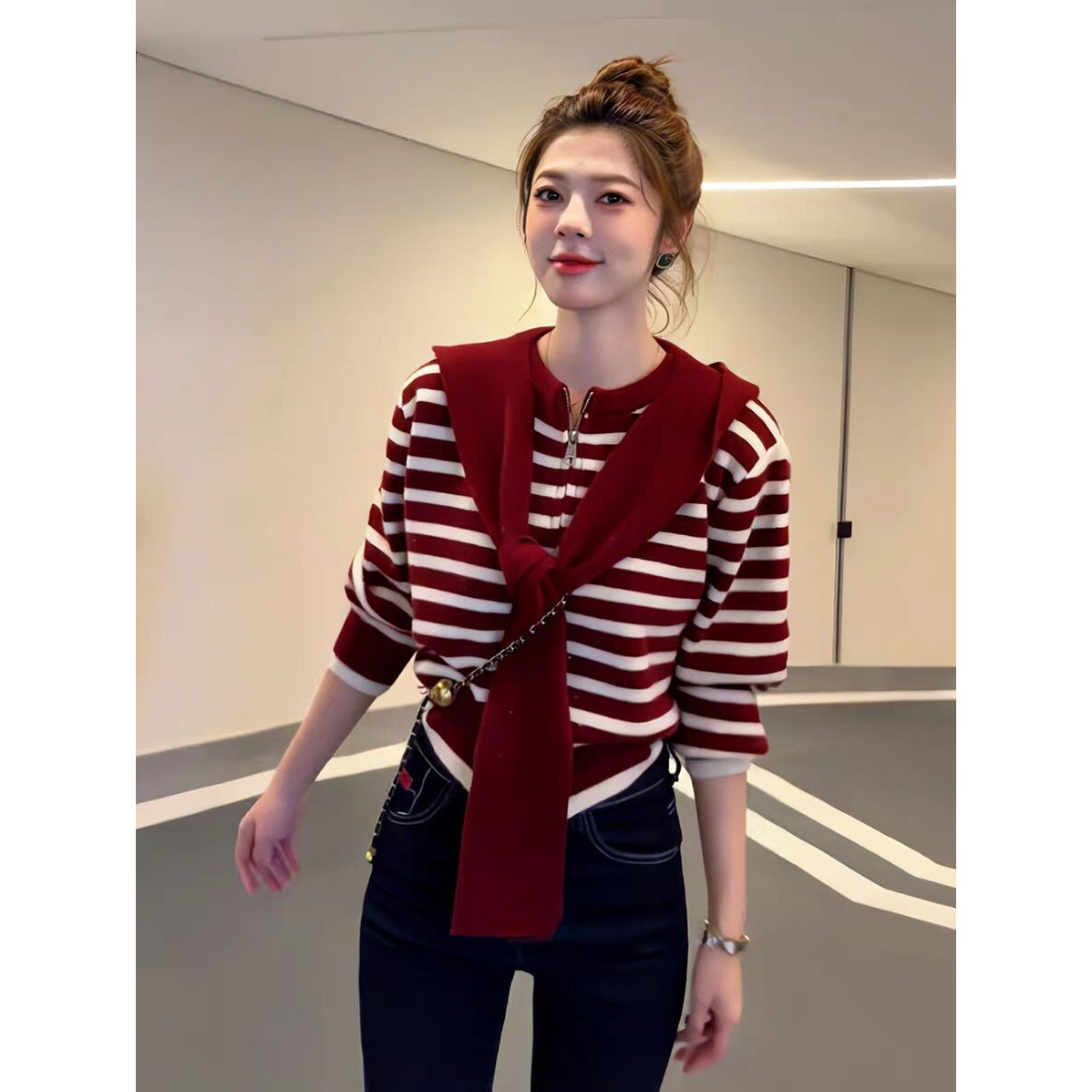 满眼都是品调！气质条纹短款针织衫女小众设计感宽松百搭长袖外套