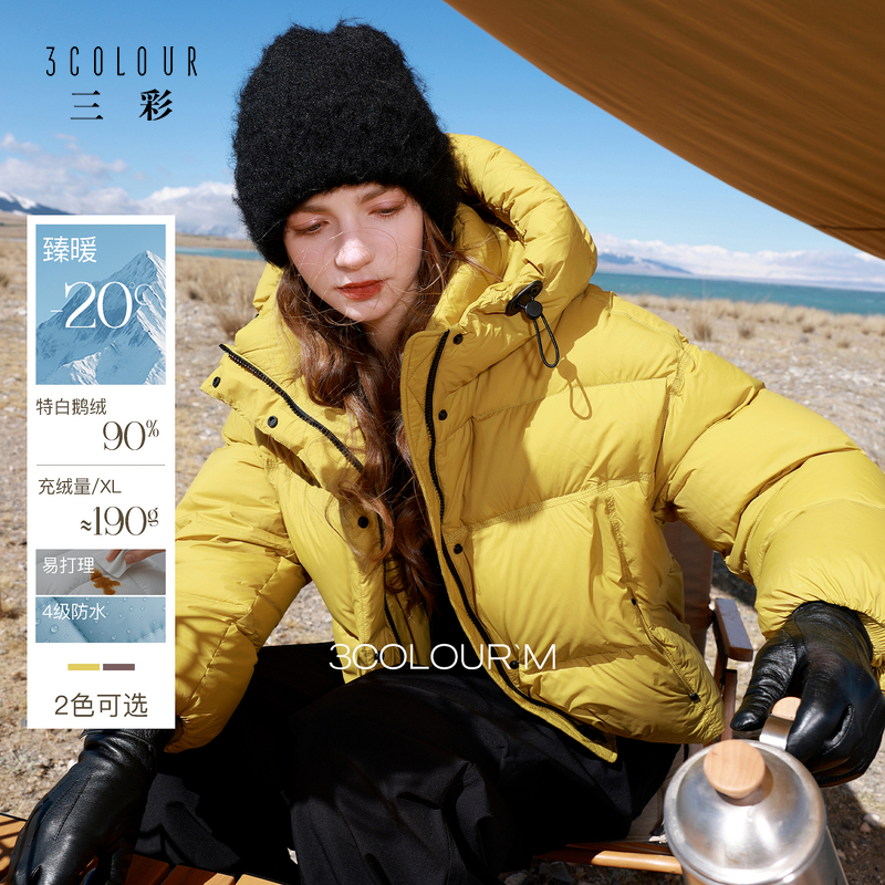 【90白鹅绒】三彩2025冬季新款连帽鹅绒服防水易打理羽绒服M