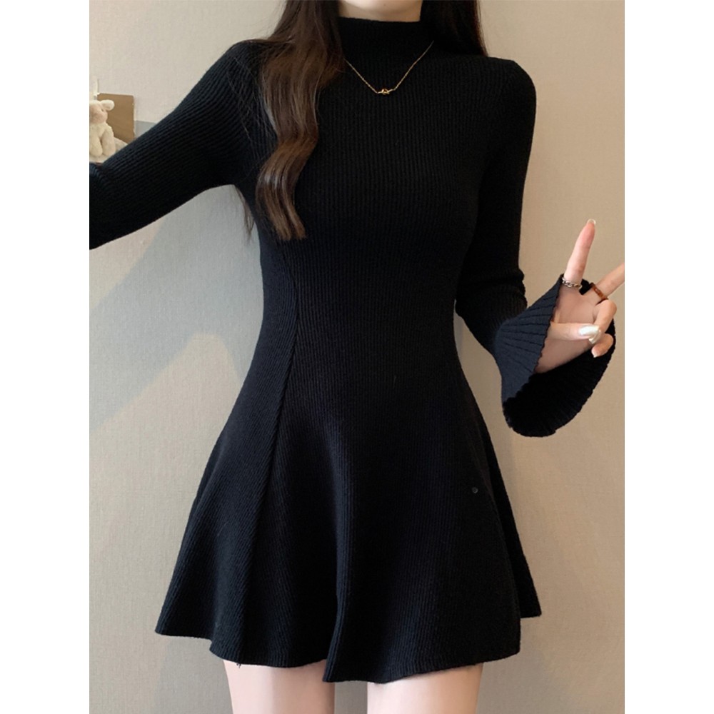 大码女装半高领喇叭袖中长款针织衫女秋冬胖妹妹遮肚子荷叶边上衣