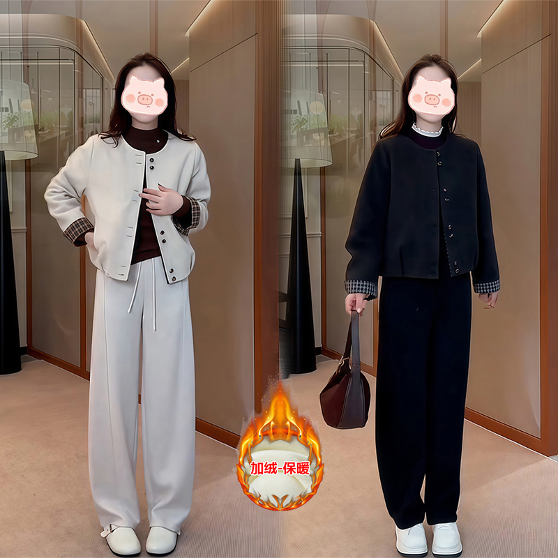 时尚洋气套装女秋冬爆款韩版小香风短款圆领外套加绒休闲裤两件套
