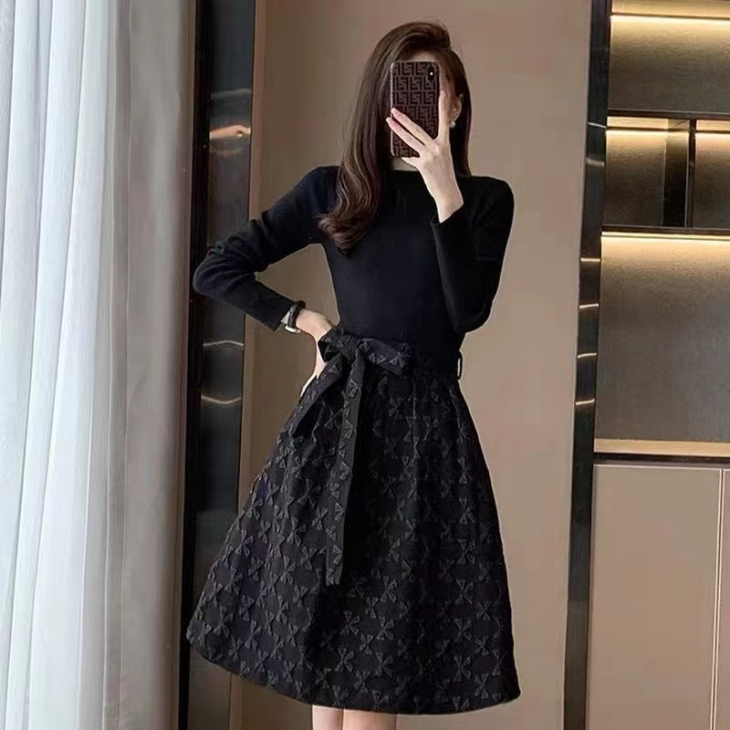 高端黑色长袖连衣裙女春季款百搭中长款时尚收腰显瘦a字蓬蓬裙