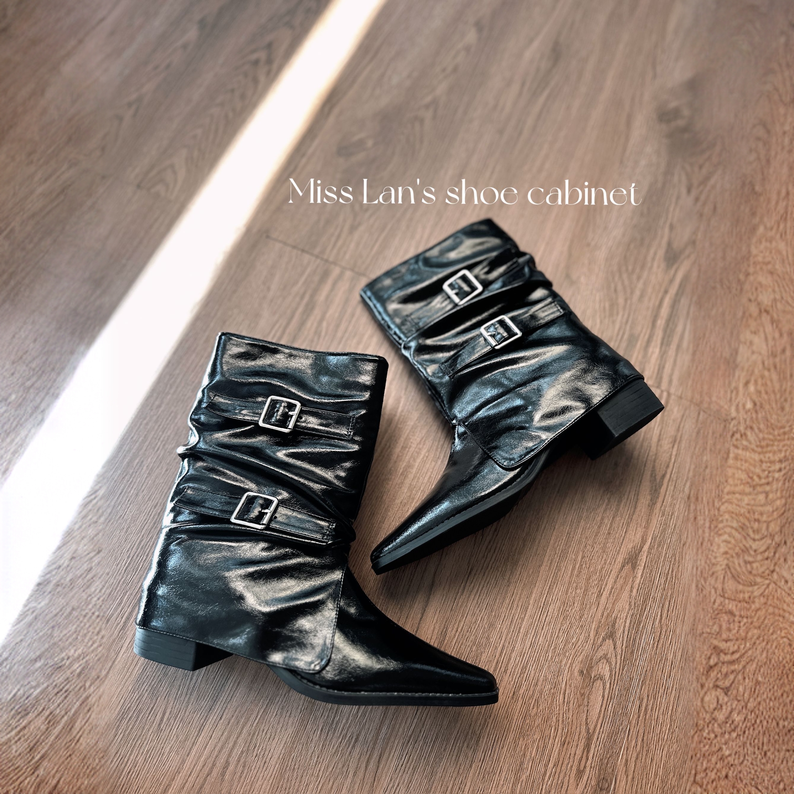 真皮尖头西部牛仔靴复古风美德拉粗跟中筒裤管靴堆堆靴5cm骑士靴