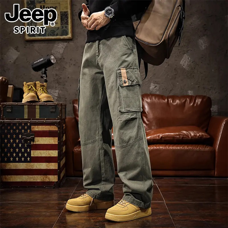 JEEPSPIRIT美式工装休闲裤男士秋冬季新款宽松直筒阔腿加绒长裤子