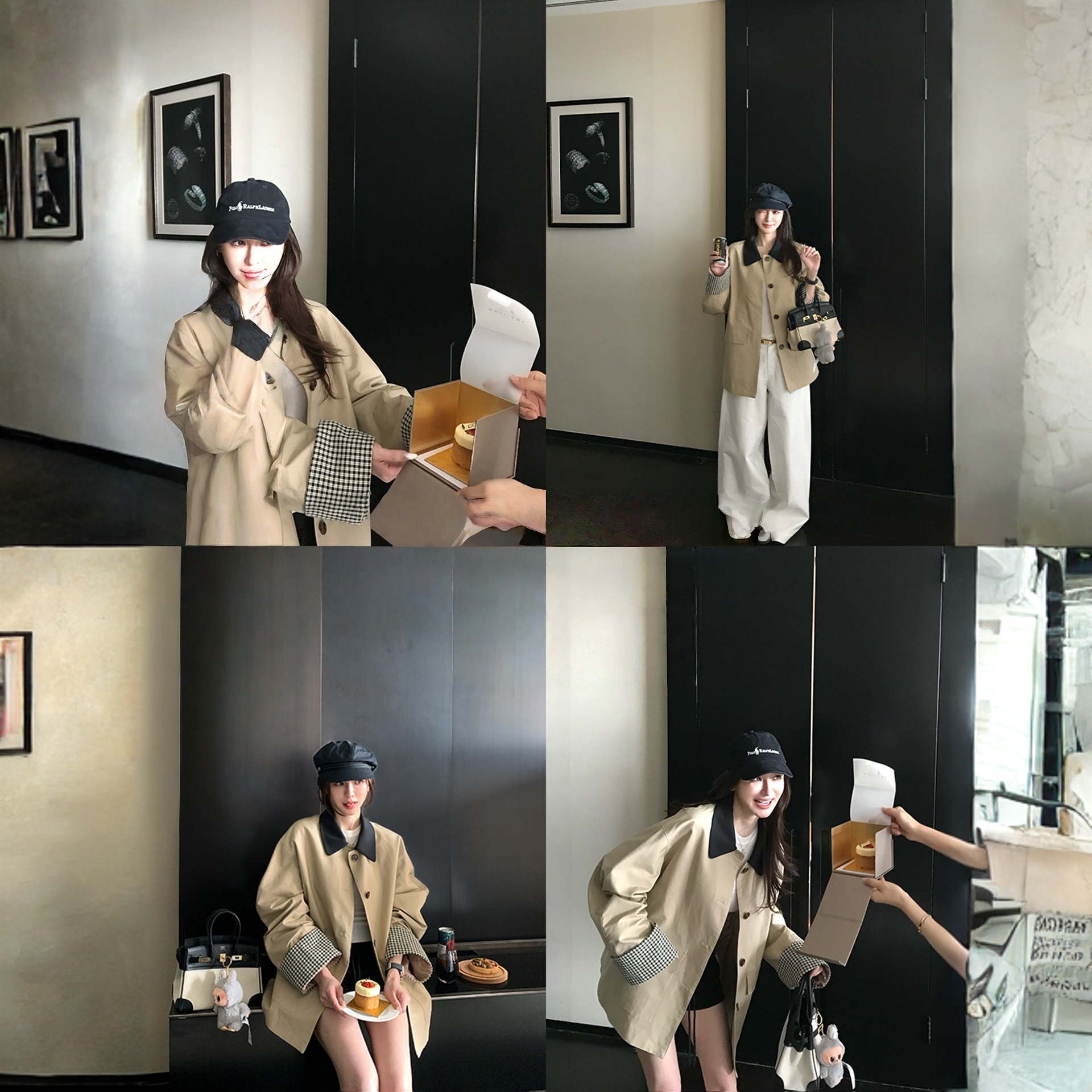 高智巴恩风 美式卡其色风衣撞色格纹拼接短款宽松短外套女秋早季