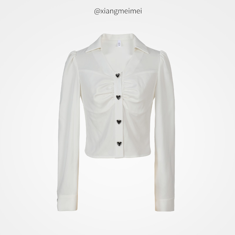 法式百搭褶皱白色衬衫女春秋季修身显瘦长袖Polo领缎面短款上衣