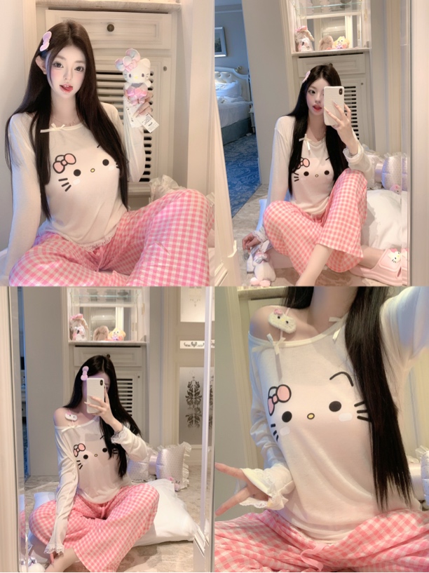 捞捞酱「粉红甜心记」纯欲粉格睡裤睡衣慵懒休闲可外穿家居服甜辣