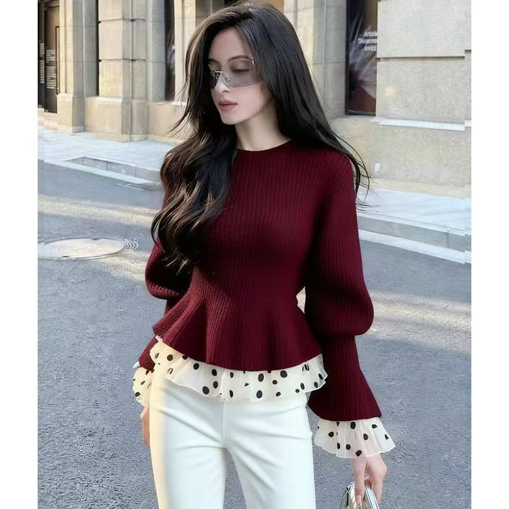 独特别致黑色拼接针织衫女装2025冬季气质高级感时髦洋气掐腰毛衣