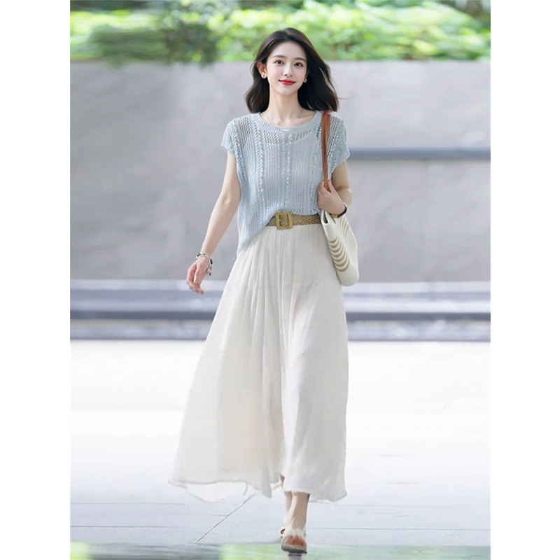 夏装新款一整套大方得体女神范通勤风蓝色针织衫半身裙两件套装女