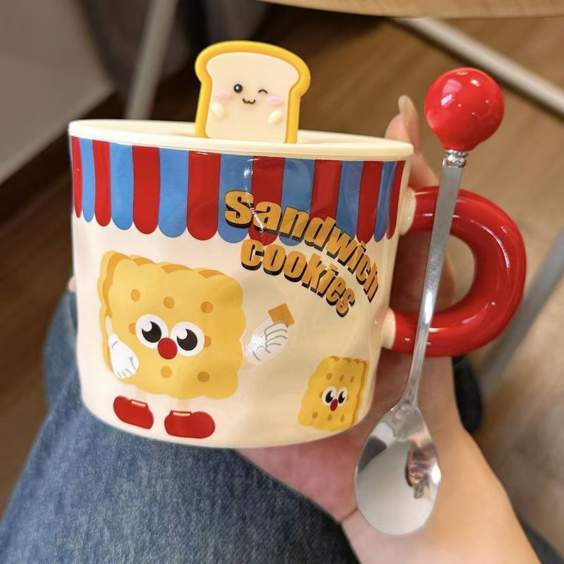可爱吐司陶瓷马克杯带盖高颜值情侣咖啡牛奶杯儿童早餐杯生日礼物