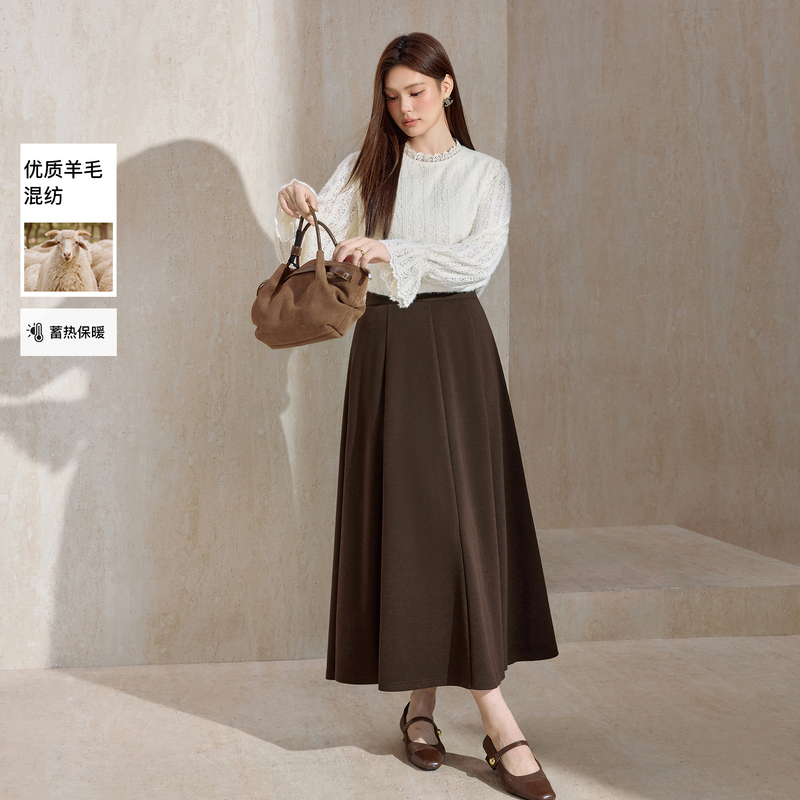 蓝语大码女装美拉德风百搭毛呢半身裙2025秋冬新款高腰百褶伞裙