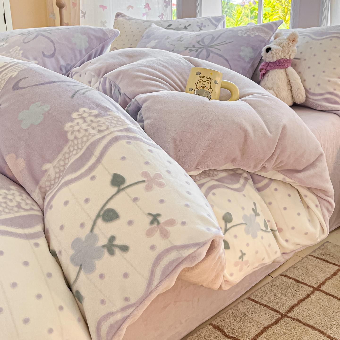 小清新牛奶绒床上四件套冬季加厚雕花珊瑚绒被套床单人床笠三件套