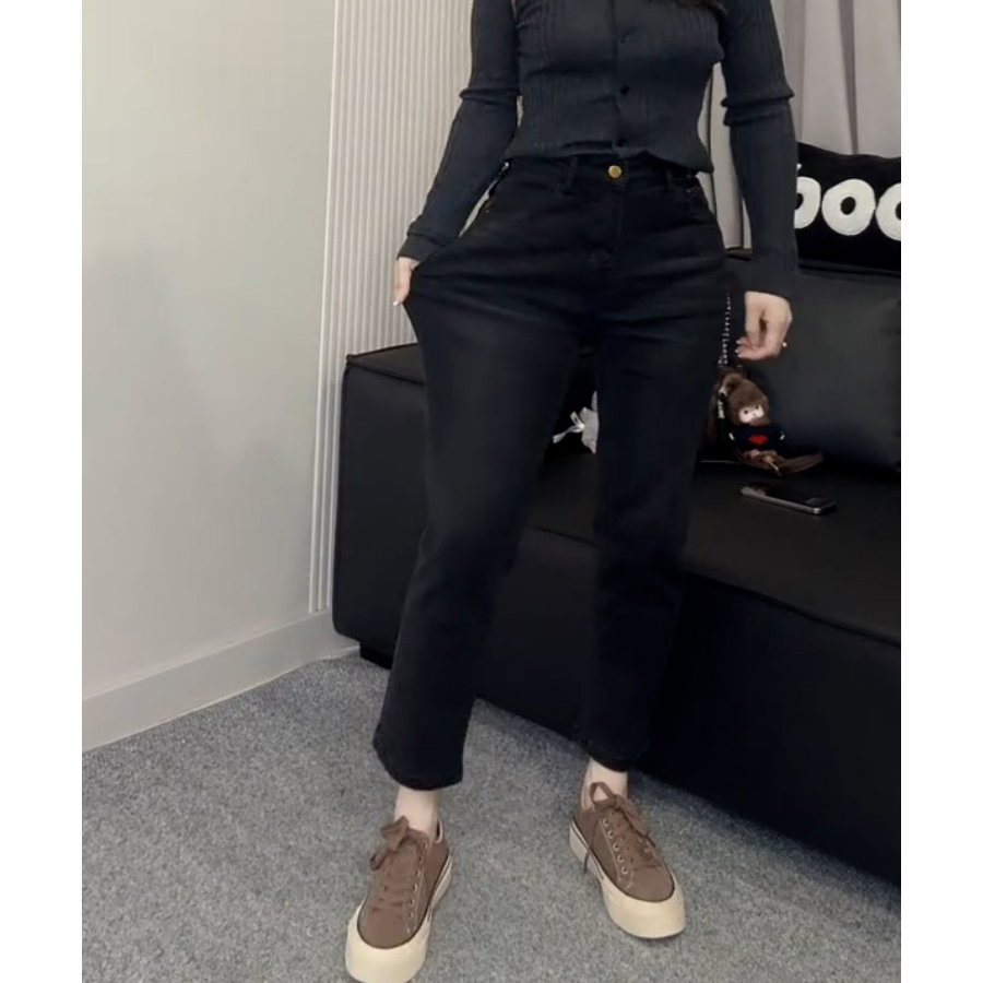 秋季新款高腰弹力开叉直筒牛仔裤女复古梨形九分显瘦百搭烟管裤子