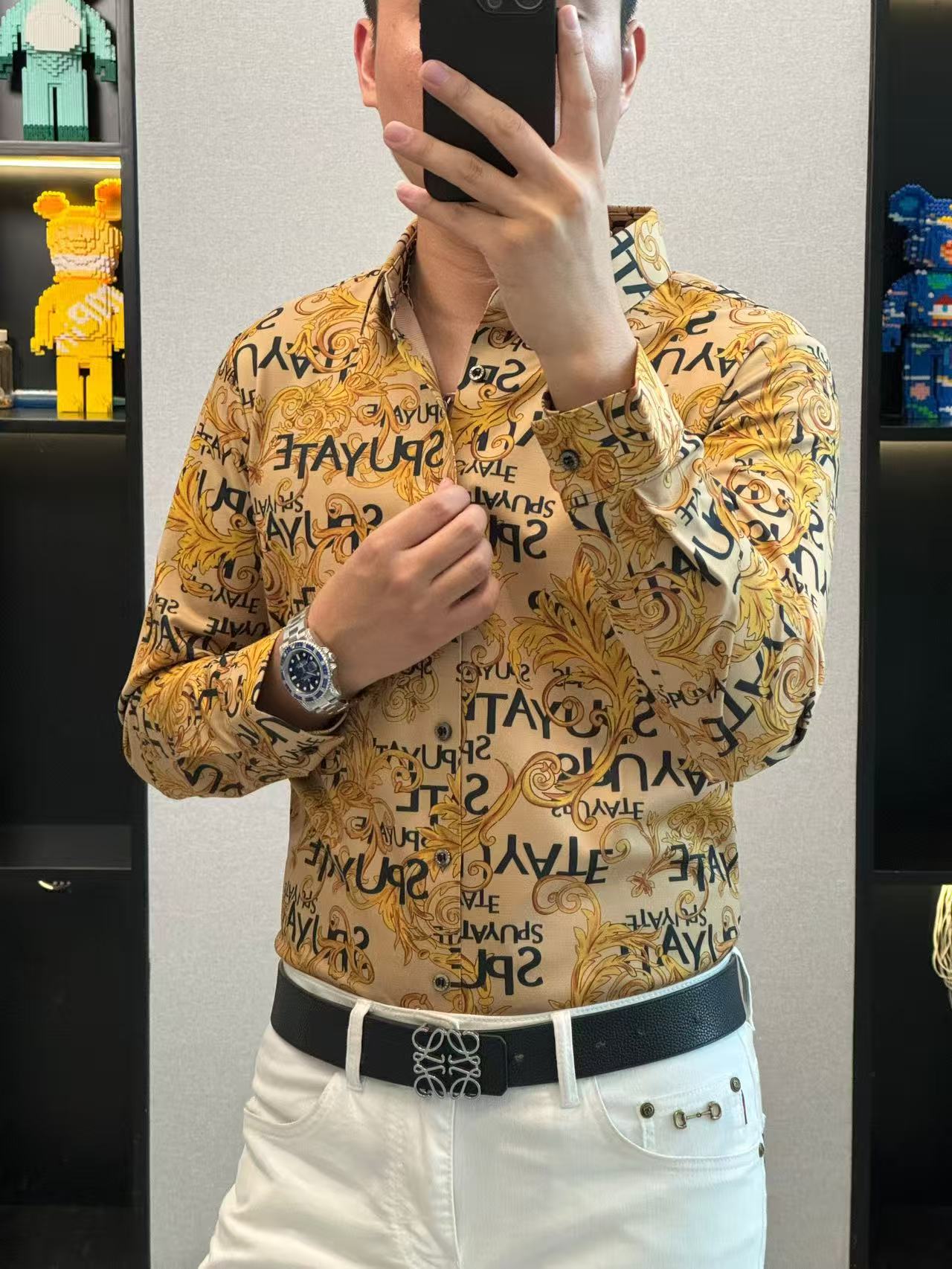 男士秋季桑蚕丝绵羊毛印花无缝高品质欧货抗皱免烫弹力长袖衬衫