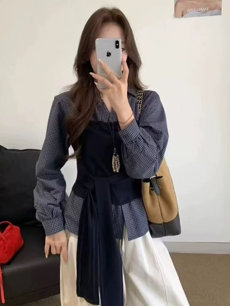 (全额运补)时尚洋气翻领拼接绑带收腰假两件长袖格子衬衫