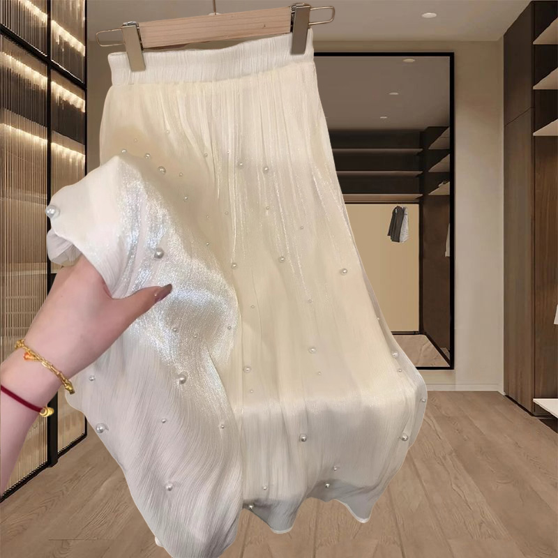 2025夏季新款女士钉珠珠光半身裙高腰垂感流光纱裙气质百搭伞裙子