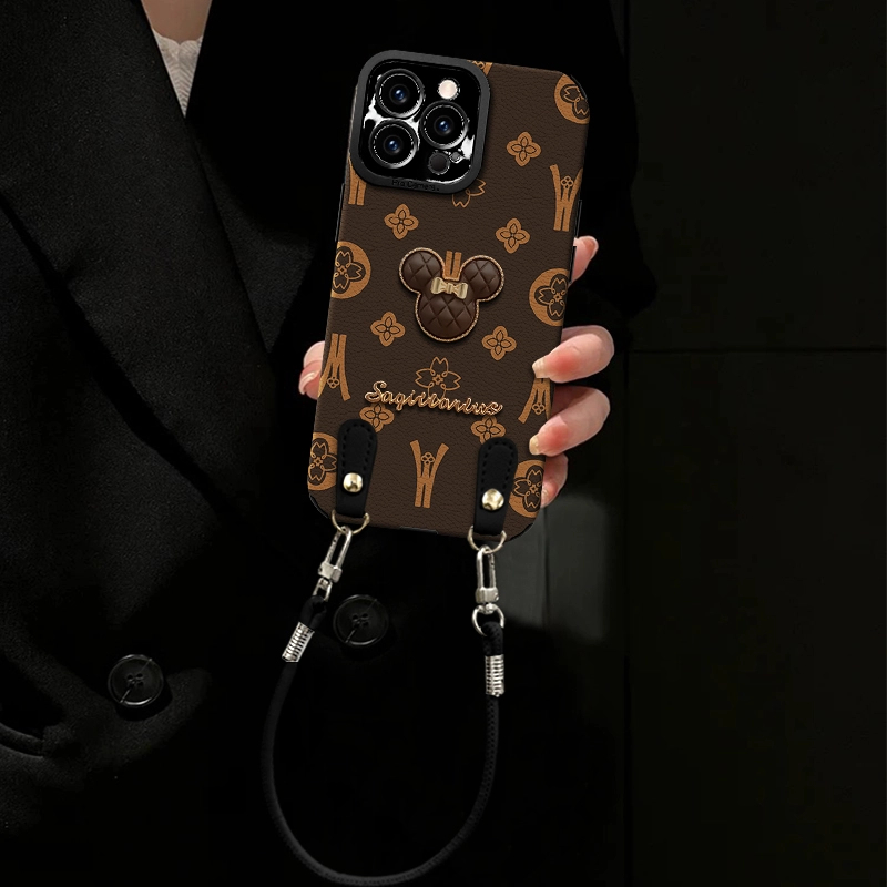 轻奢米奇适用苹果vivo华为oppo小米iPhone16皮质荔枝纹手机壳